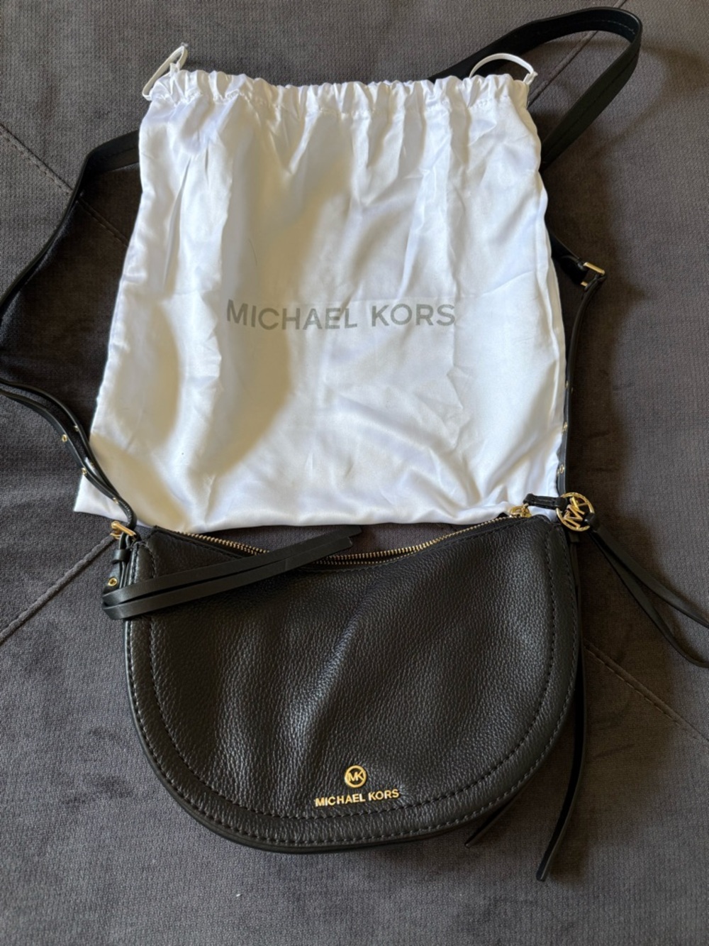 Michael Kors Black Pebbled Leather Crossbody Saddle Bag with Gold Hardware